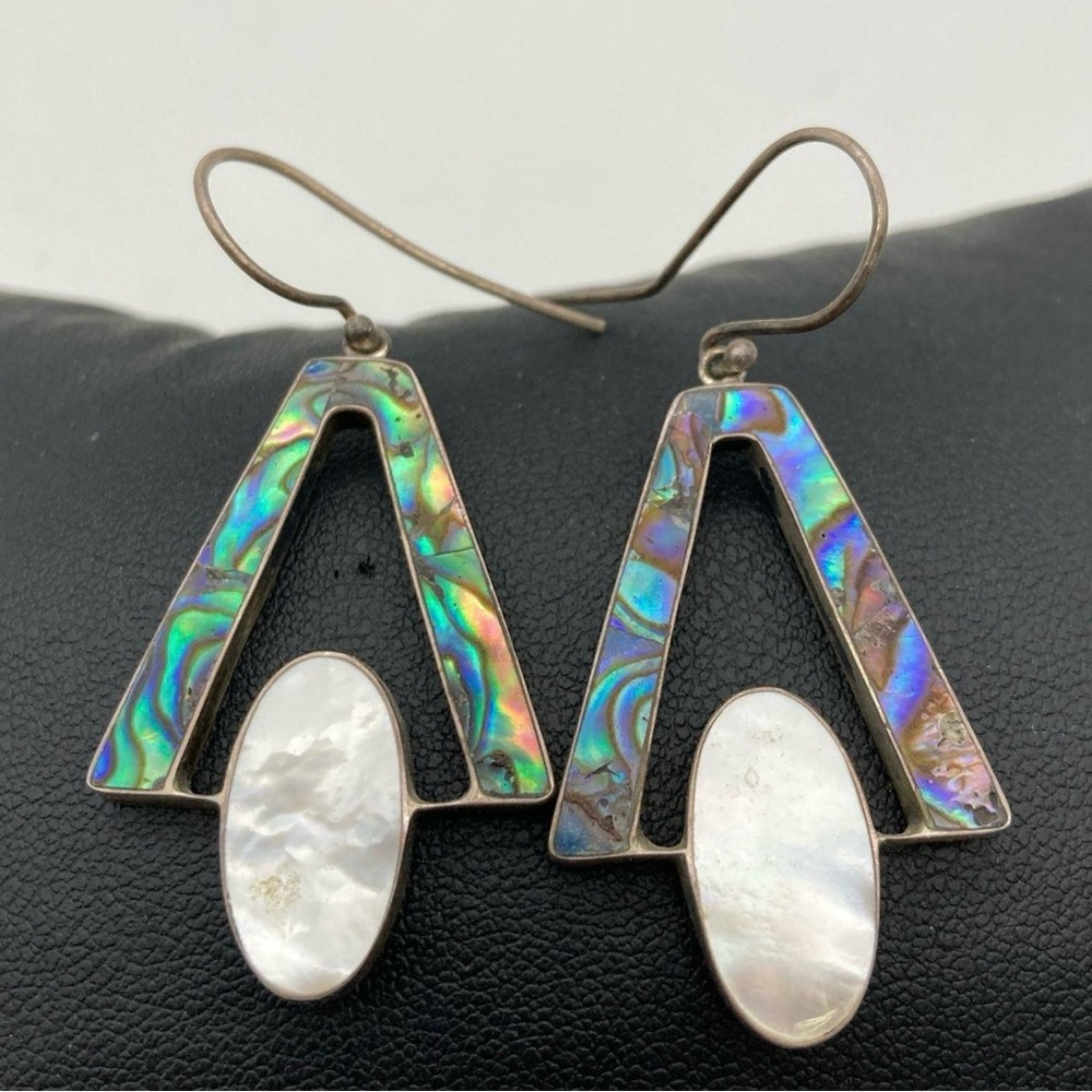 SOLD Vintage Abalone and Mother of Pearl Big Geometric Dangle Earrings Silver - Picture 2 of 9